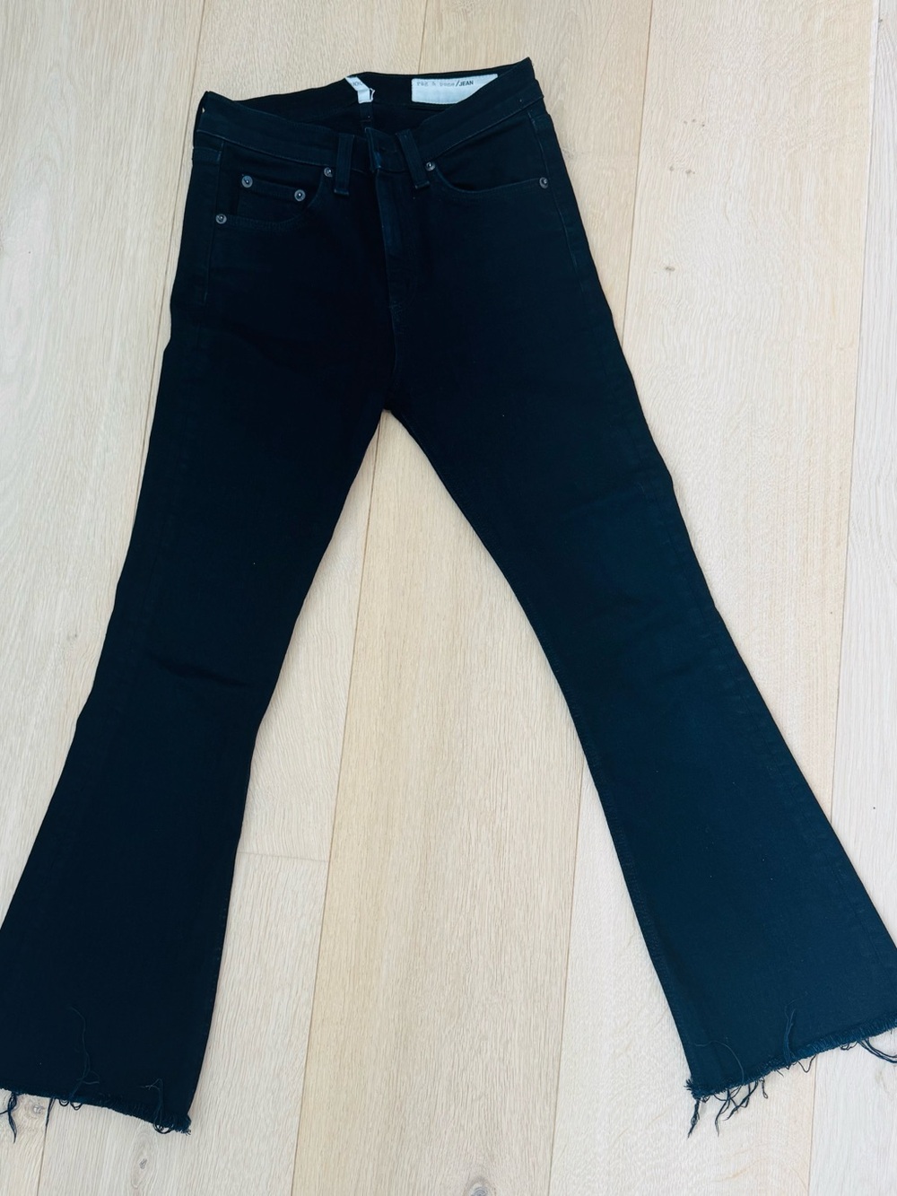 Rag & Bone High Rise Bell Jeans Womens 24 Black Flare Raw Hem Stretch Denim - Picture 4 of 4